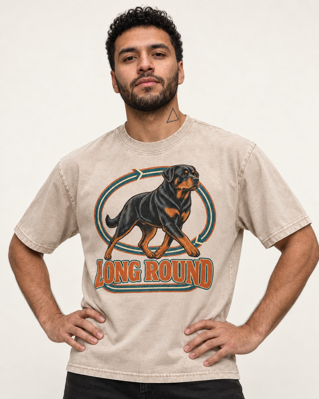 Rottweiler Long Round Circular Track Graphic Washed Tee in Apricot, worn by a model