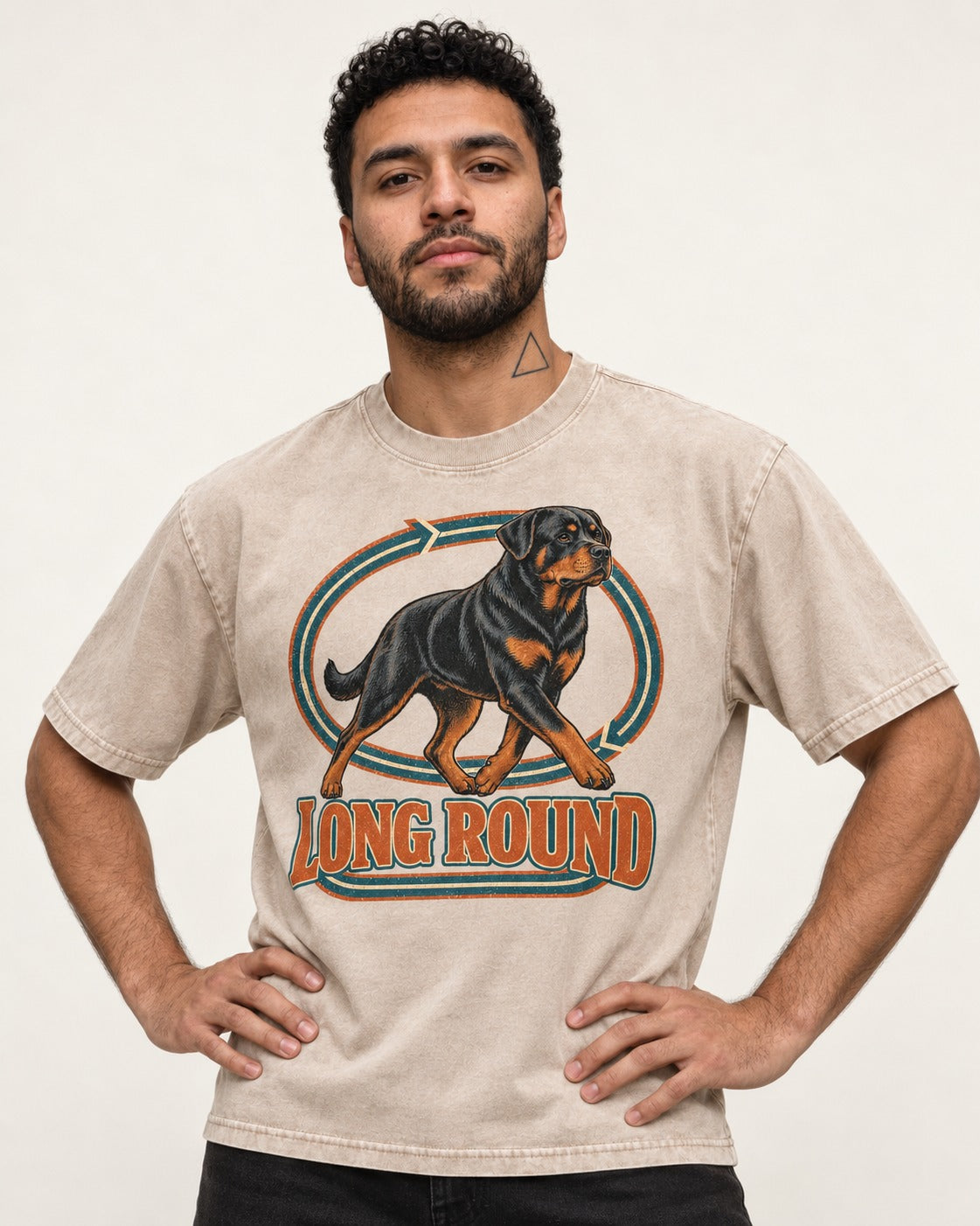 Rottweiler Long Round Circular Track Graphic Washed Tee in Apricot, worn by a model