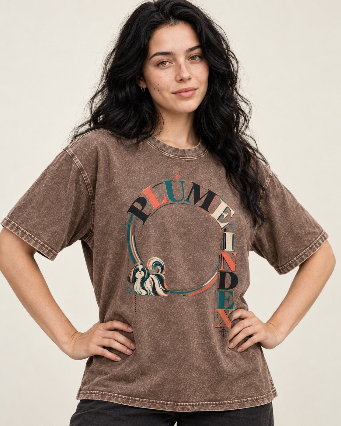 Shih Tzu Plume Index Circular Typography Graphic Washed Tee in Coffee, worn by a model