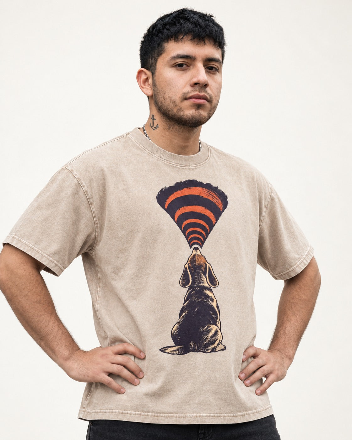 Beagle Broadcast Washed Tee in Apricot, worn by a model