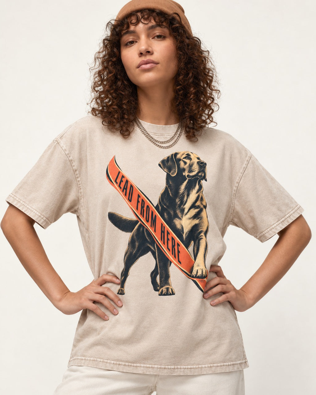 Lead From Here Labrador Retriever Washed Tee in Apricot, worn by a model
