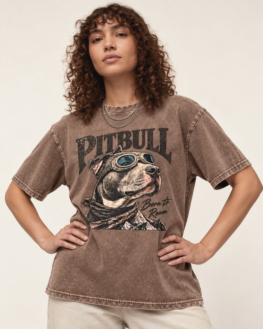 Pitbull Born to Roam Washed Tee in Coffee, worn by a model
