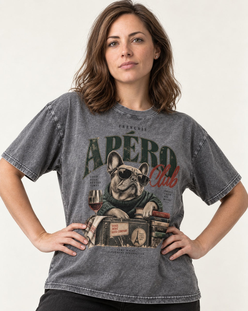 Frenchie Apero Club Washed Tee in Gray, worn by a model