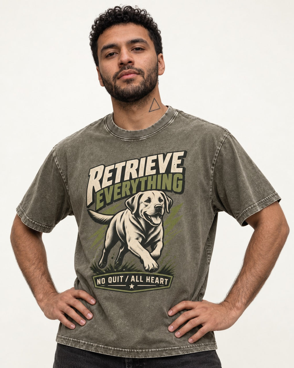 Labrador Retriever Retrieve Everything No Quit All Heart Running Graphic Washed Tee in Army Green, worn by a model