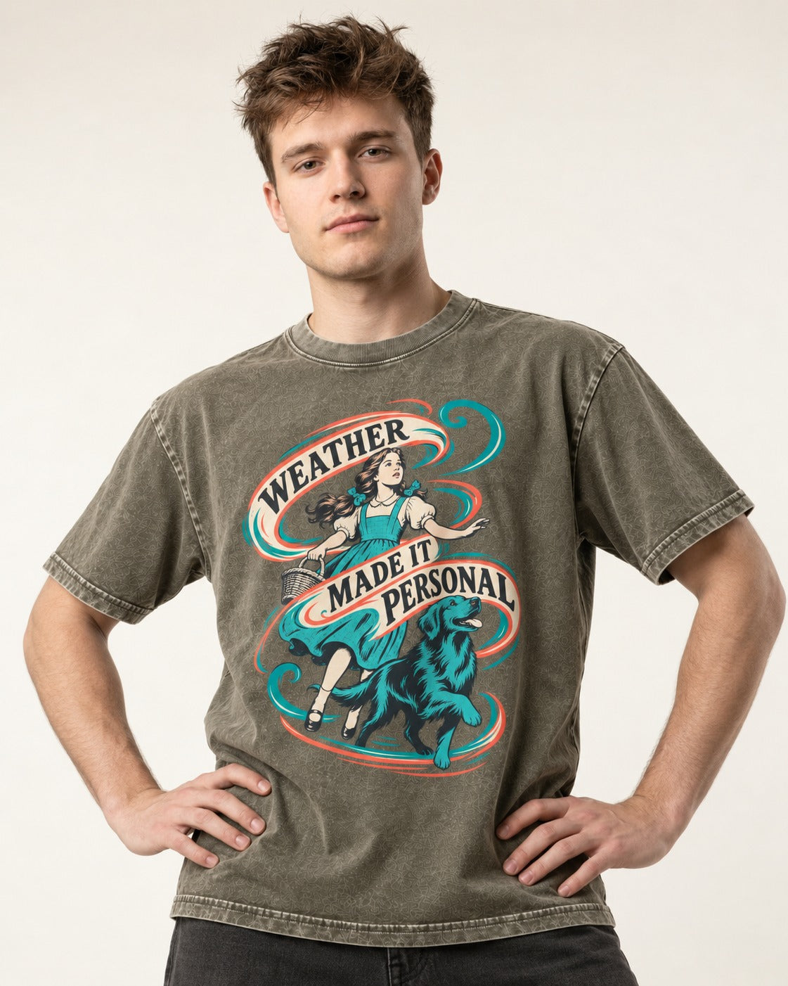 Golden Retriever Weather Made It Personal Woman Graphic Washed Tee in Army Green, worn by a model
