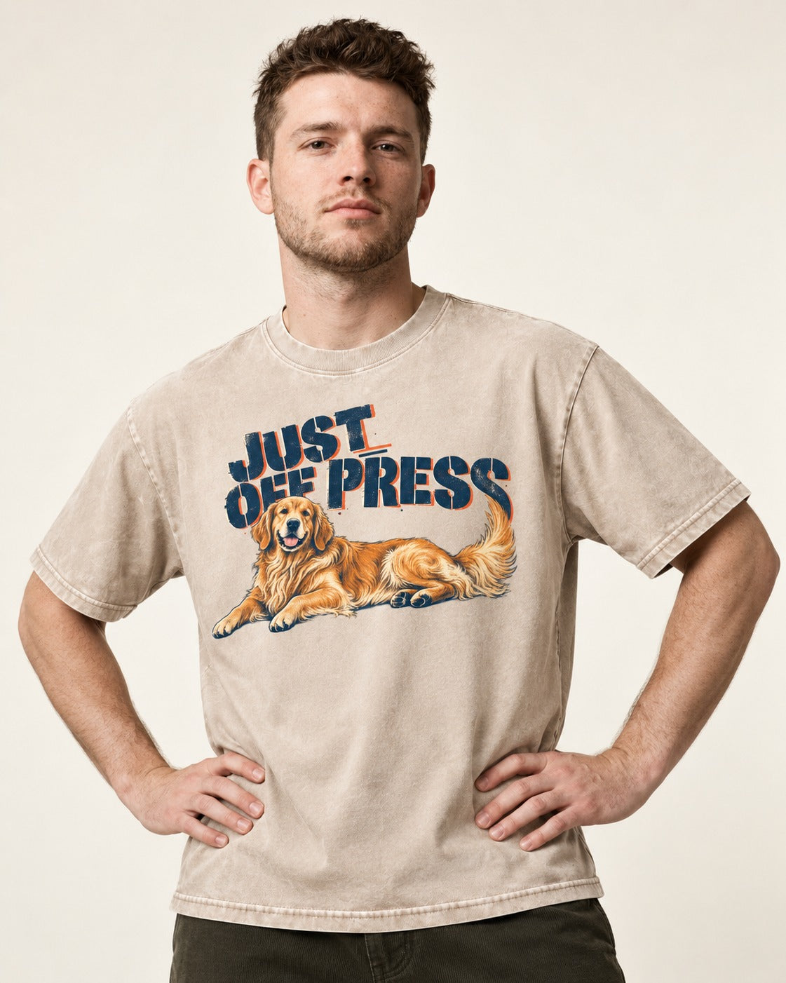 Golden Retriever Just Off Press Washed Tee in Apricot, worn by a model