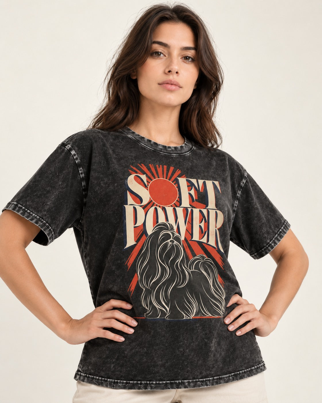 Shih Tzu Soft Power Sunburst Graphic Washed Tee in Black, worn by a model