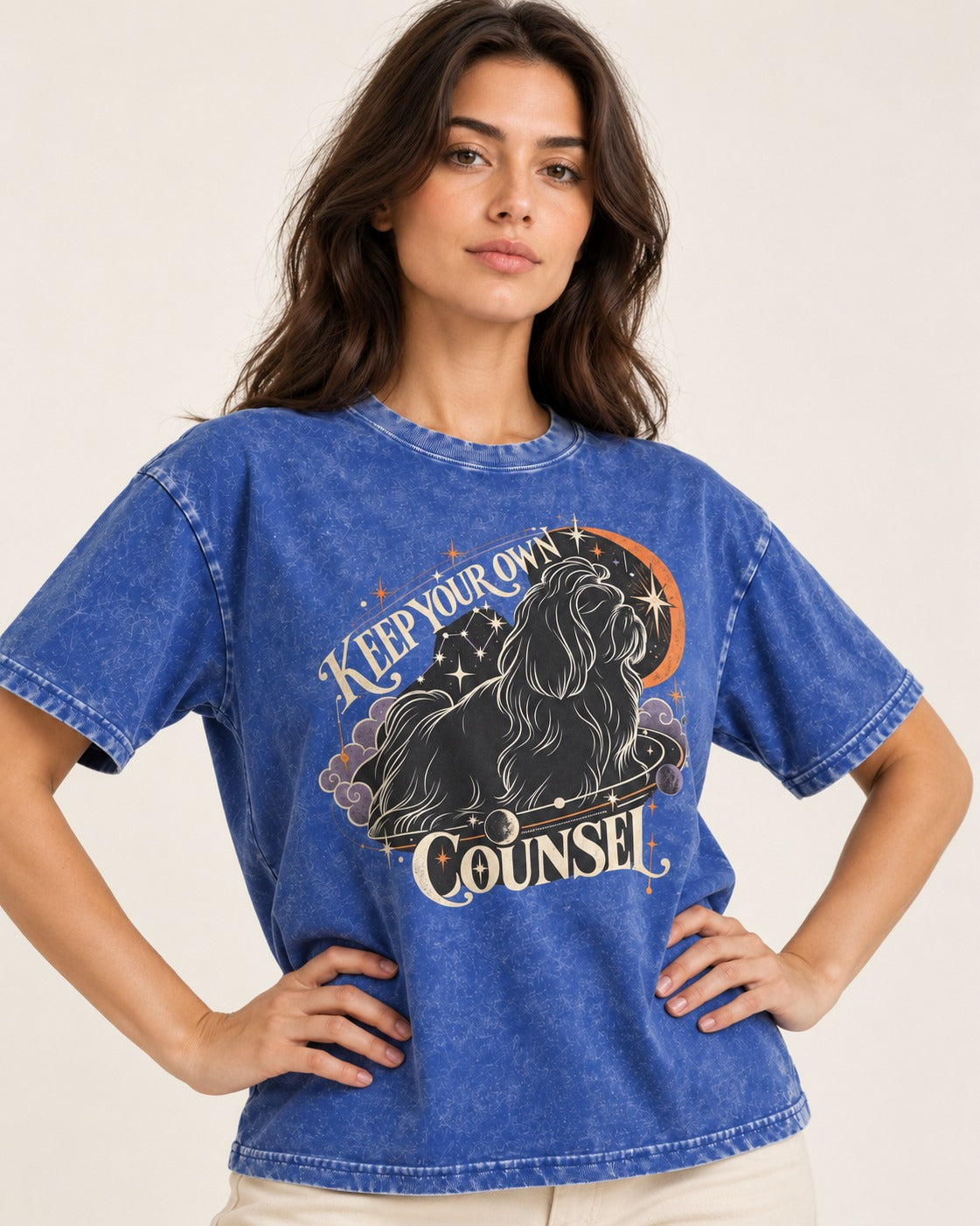 Shih Tzu Keep Your Own Counsel Celestial Graphic Washed Tee in Royal Blue, worn by a model