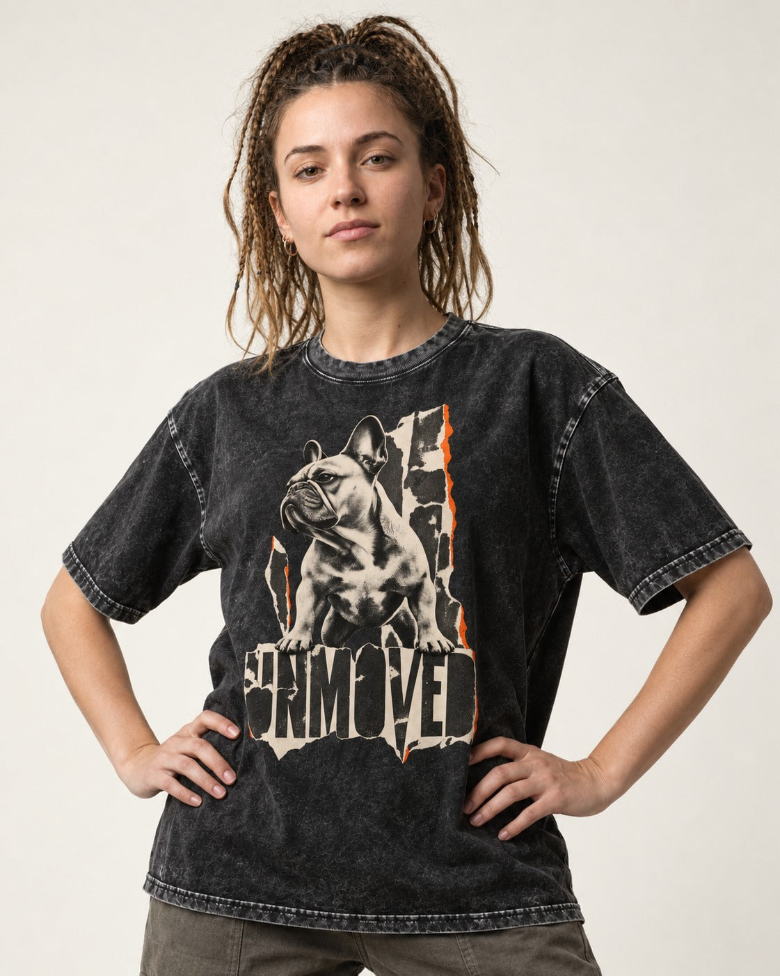 Frenchie Unmoved Torn Poster Graphic Washed Tee in Black, worn by a model