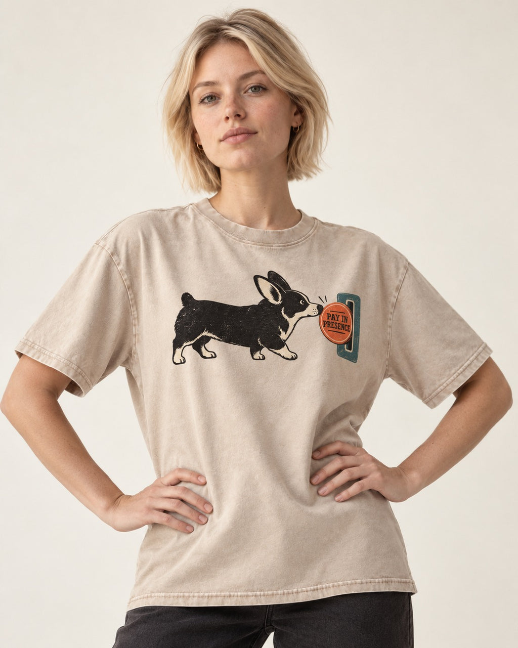 Corgi Pay in Presence Washed Tee in Apricot, worn by a model