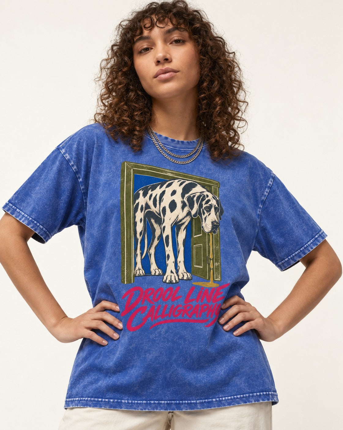Great Dane Drool Line Calligraphy Doorway Graphic Washed Tee in Royal Blue, worn by a model