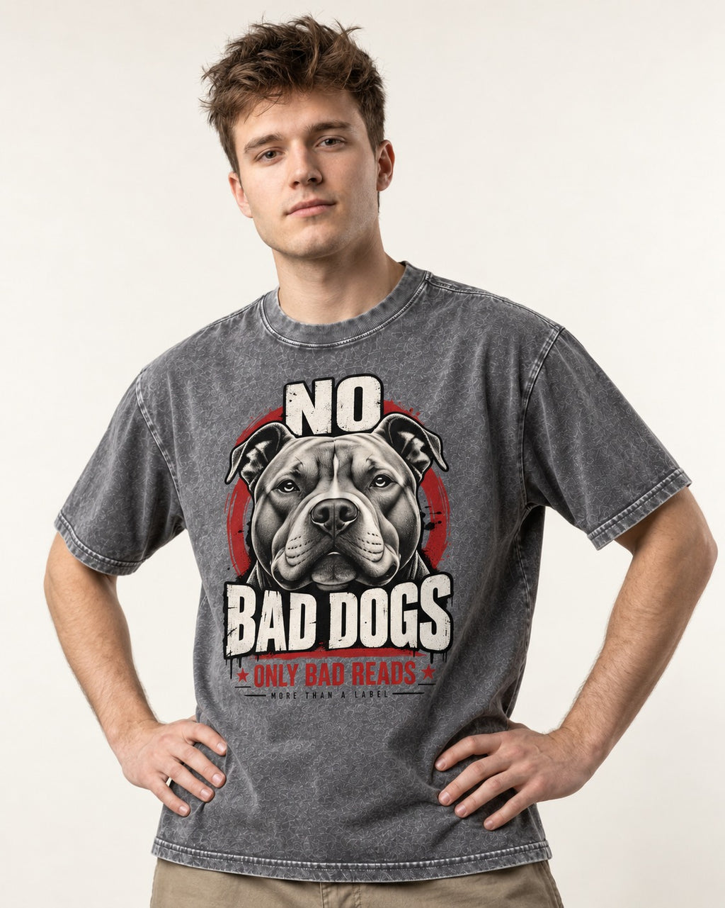 Pitbull Only Bad Reads Washed Tee in Gray, worn by a model