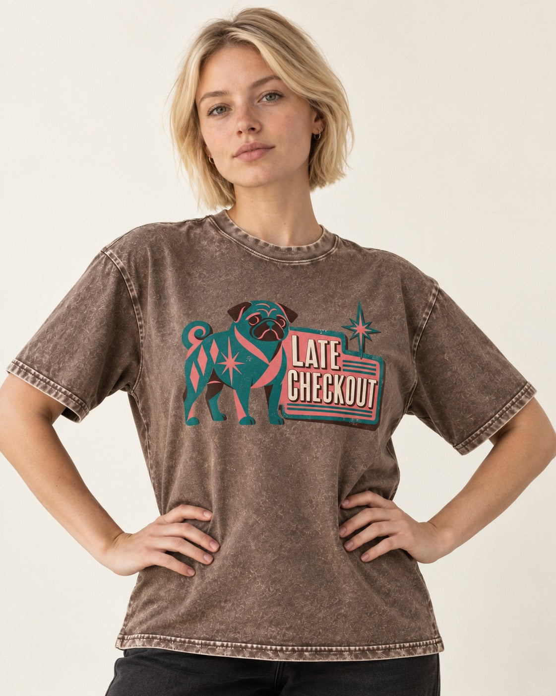 Pug's Late Checkout Washed Tee in Coffee, worn by a model