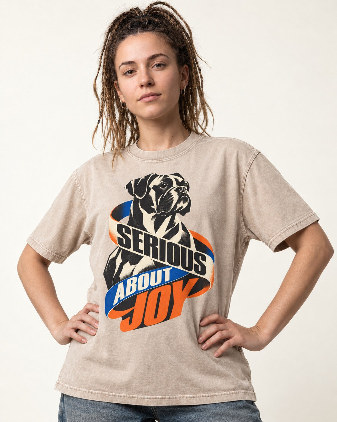 Boxer Serious About Joy Washed Tee in Apricot, worn by a model