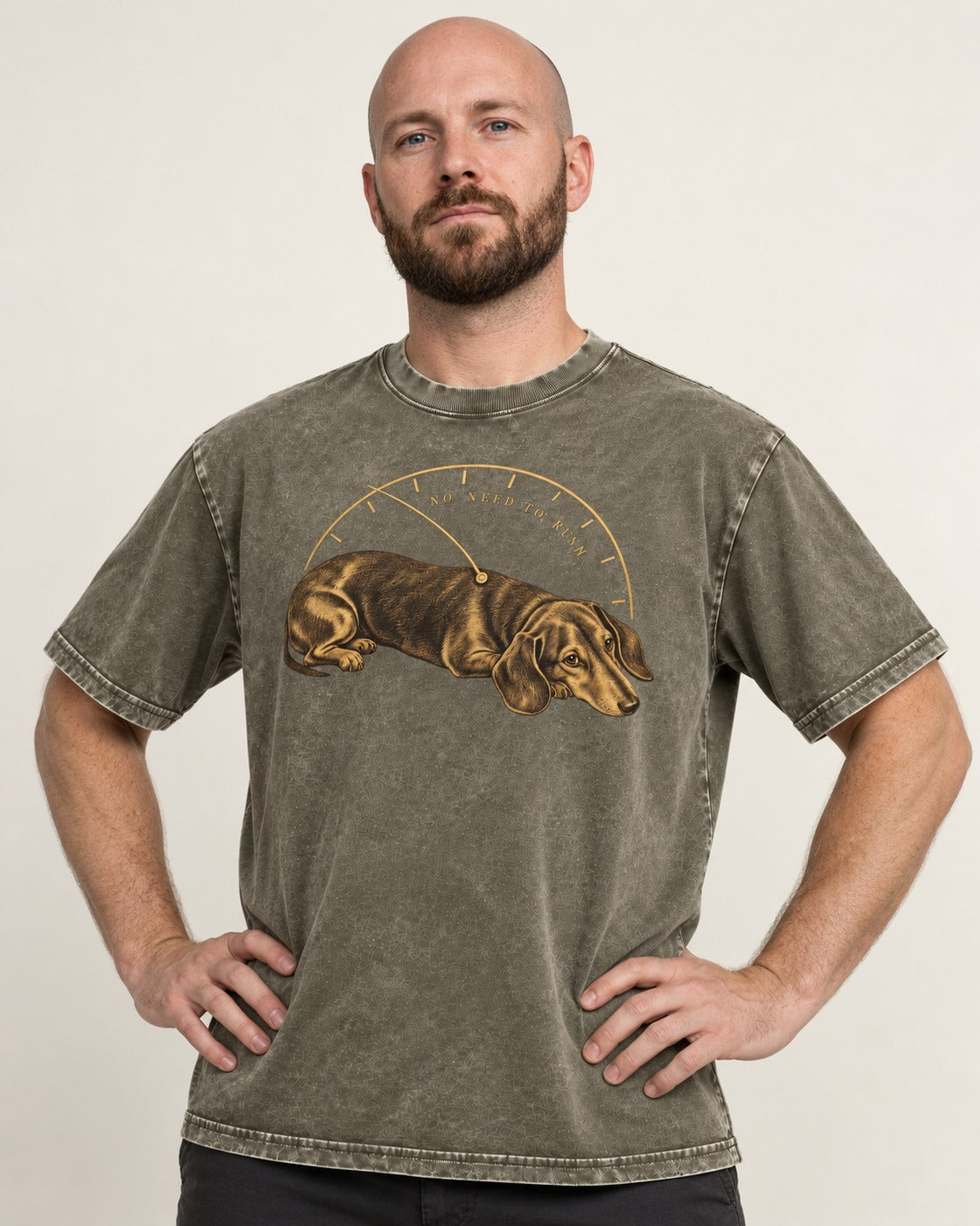 Dachshund No Need To Rush Gauge Graphic Washed Tee in Army Green, worn by a model