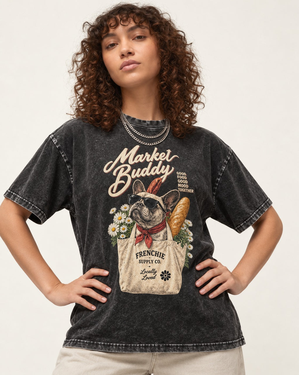 Frenchie Market Buddy Grocery Tote Graphic Washed Tee in Black, worn by a model