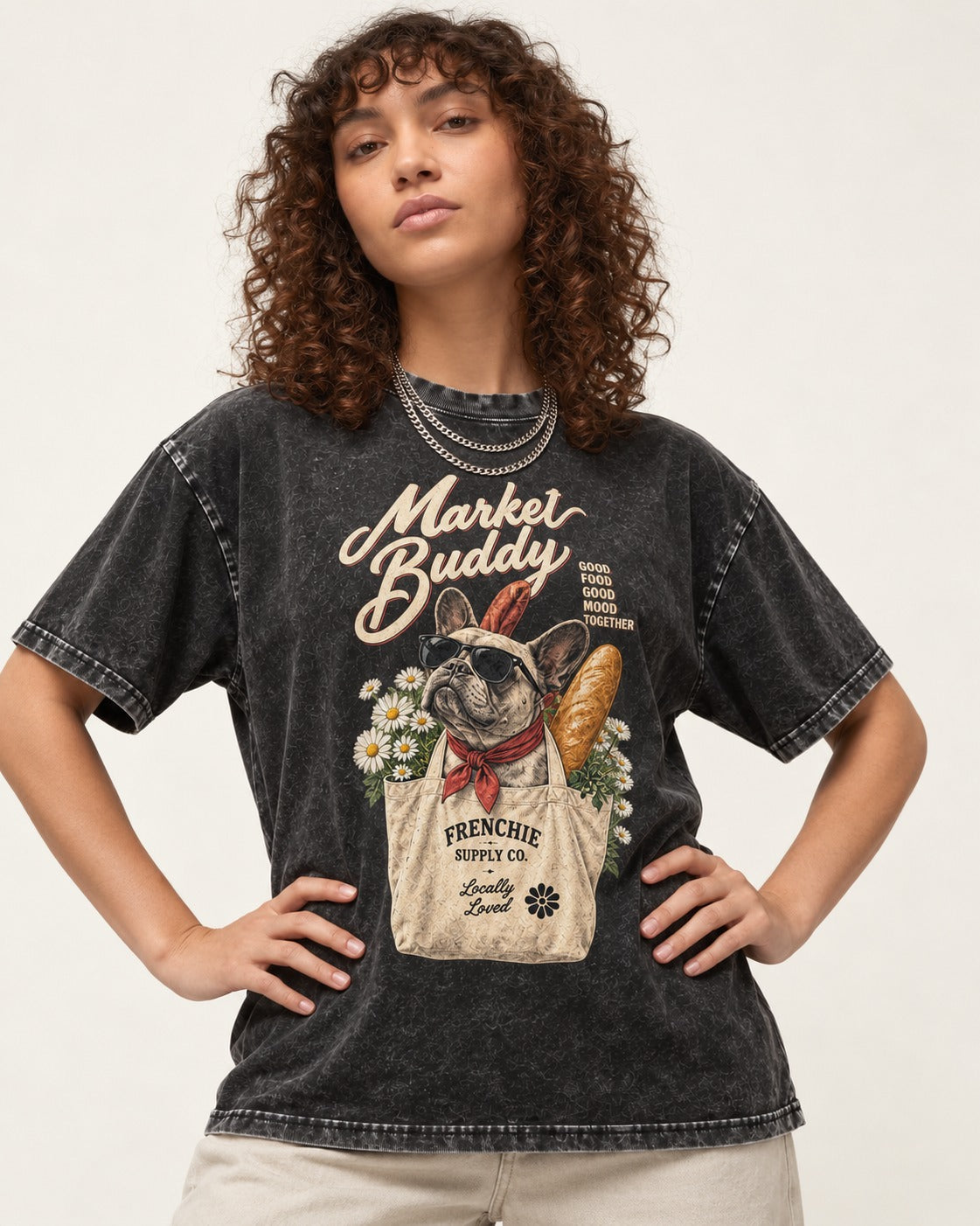 Frenchie Market Buddy Grocery Tote Graphic Washed Tee in Black, worn by a model