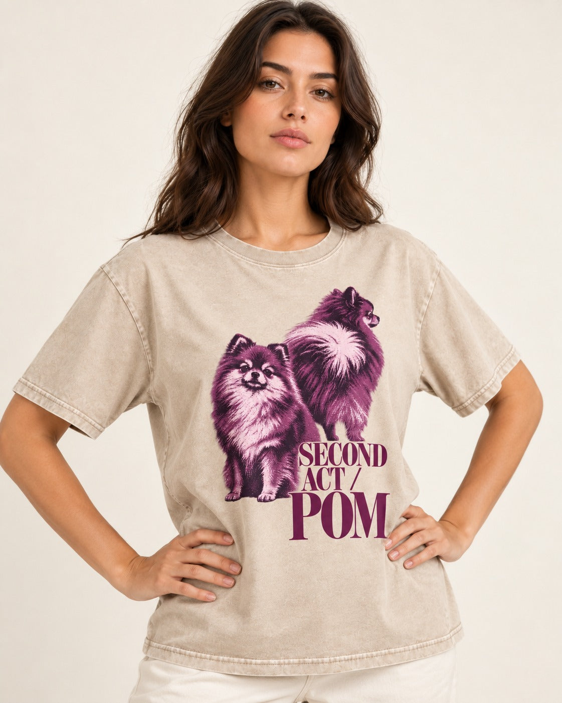 Second Act Pomeranian Washed Tee in Apricot, worn by a model