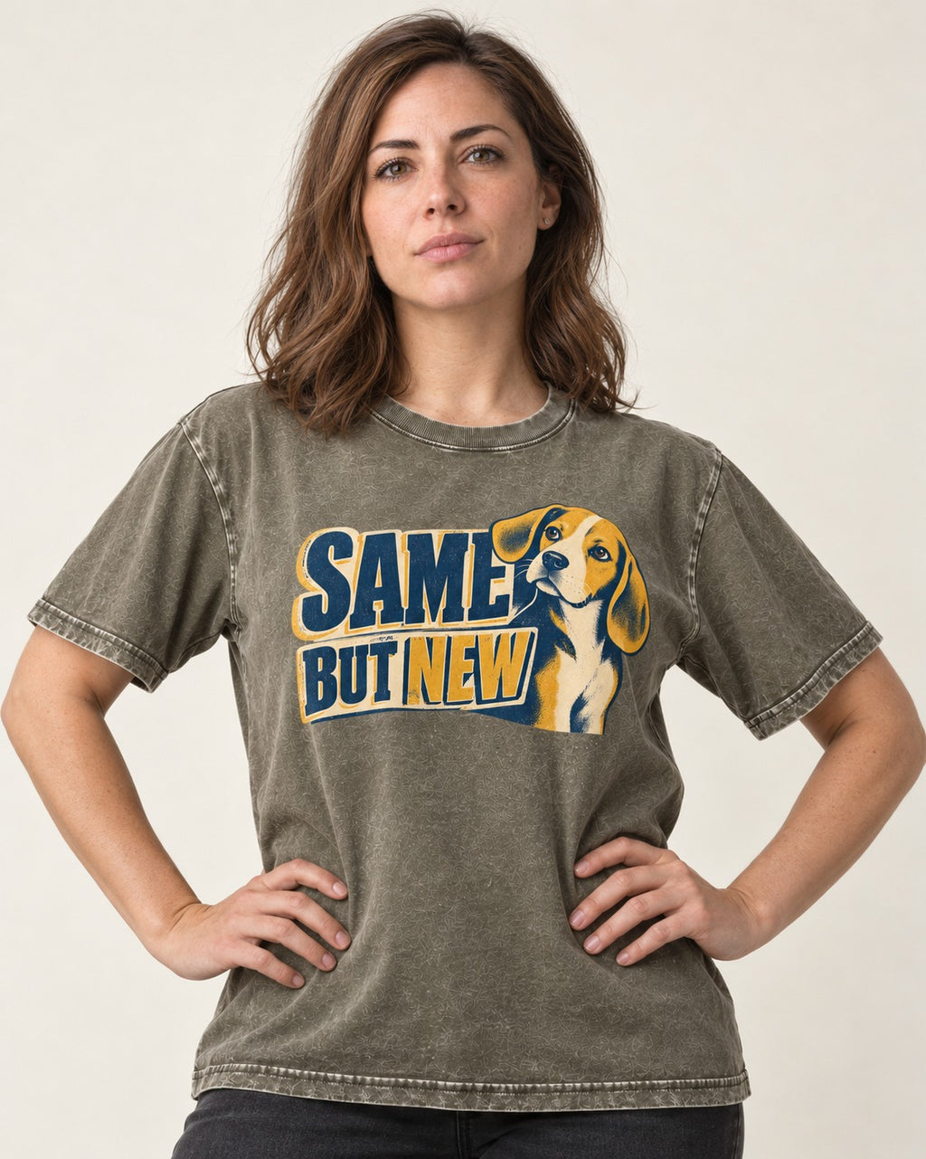 Same Beagle But New Washed Tee in Army Green, worn by a model