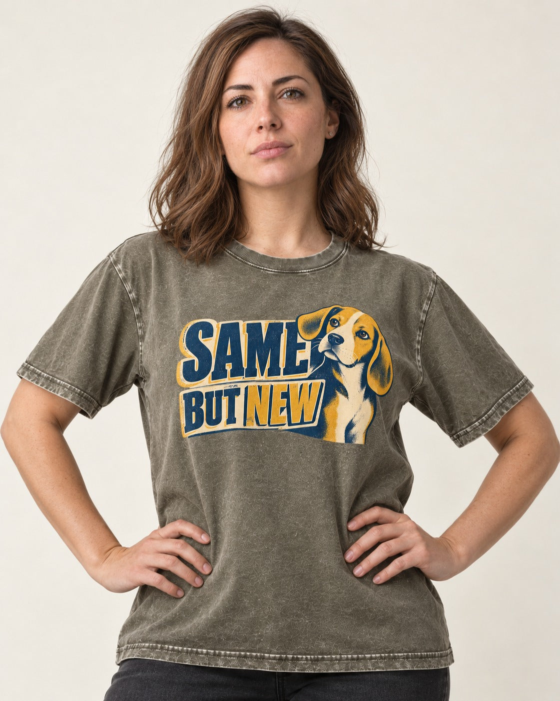 Same Beagle But New Washed Tee in Army Green, worn by a model