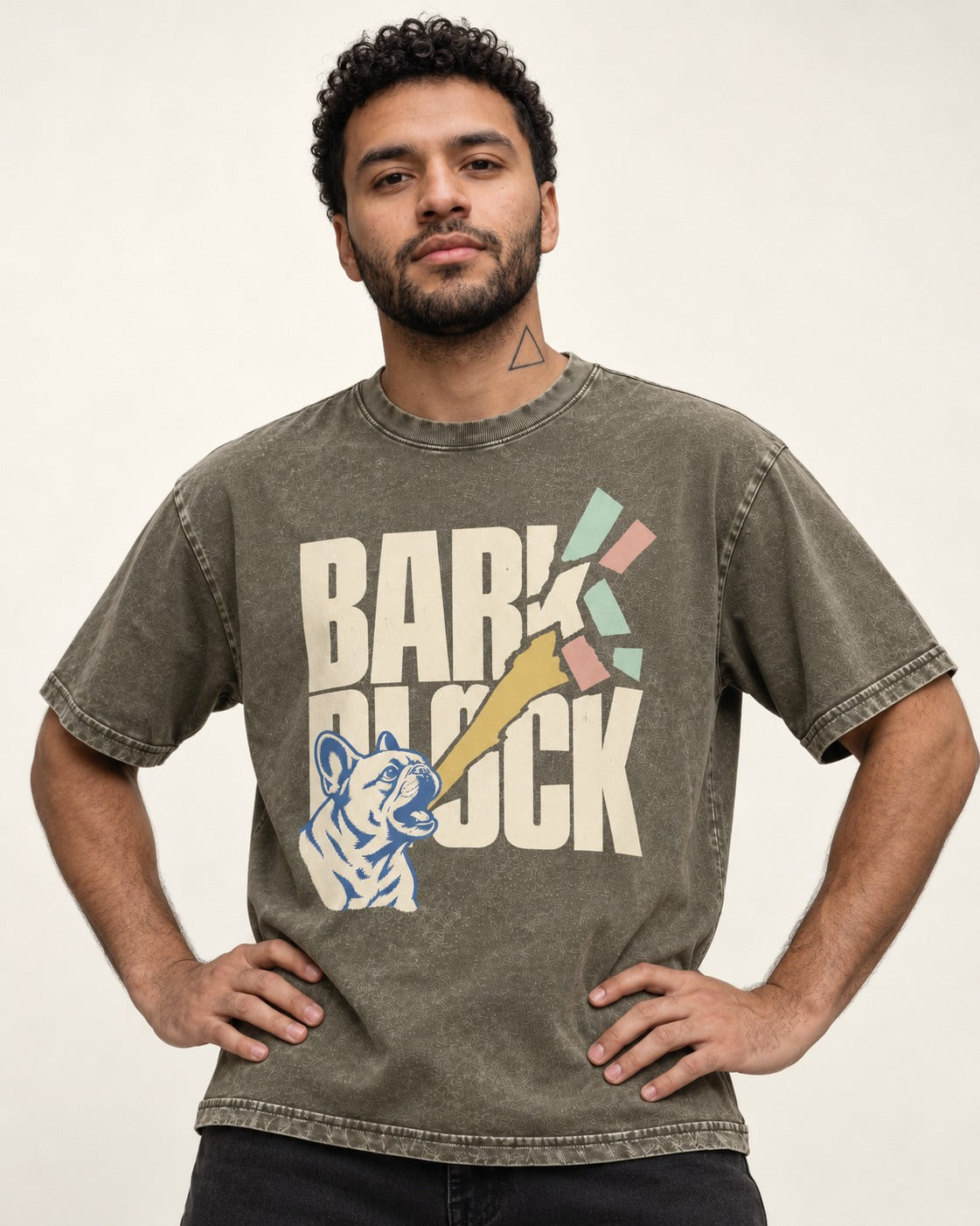 Frenchie Bark Breaks Bark Block Graphic Washed Tee in Army Green, worn by a model