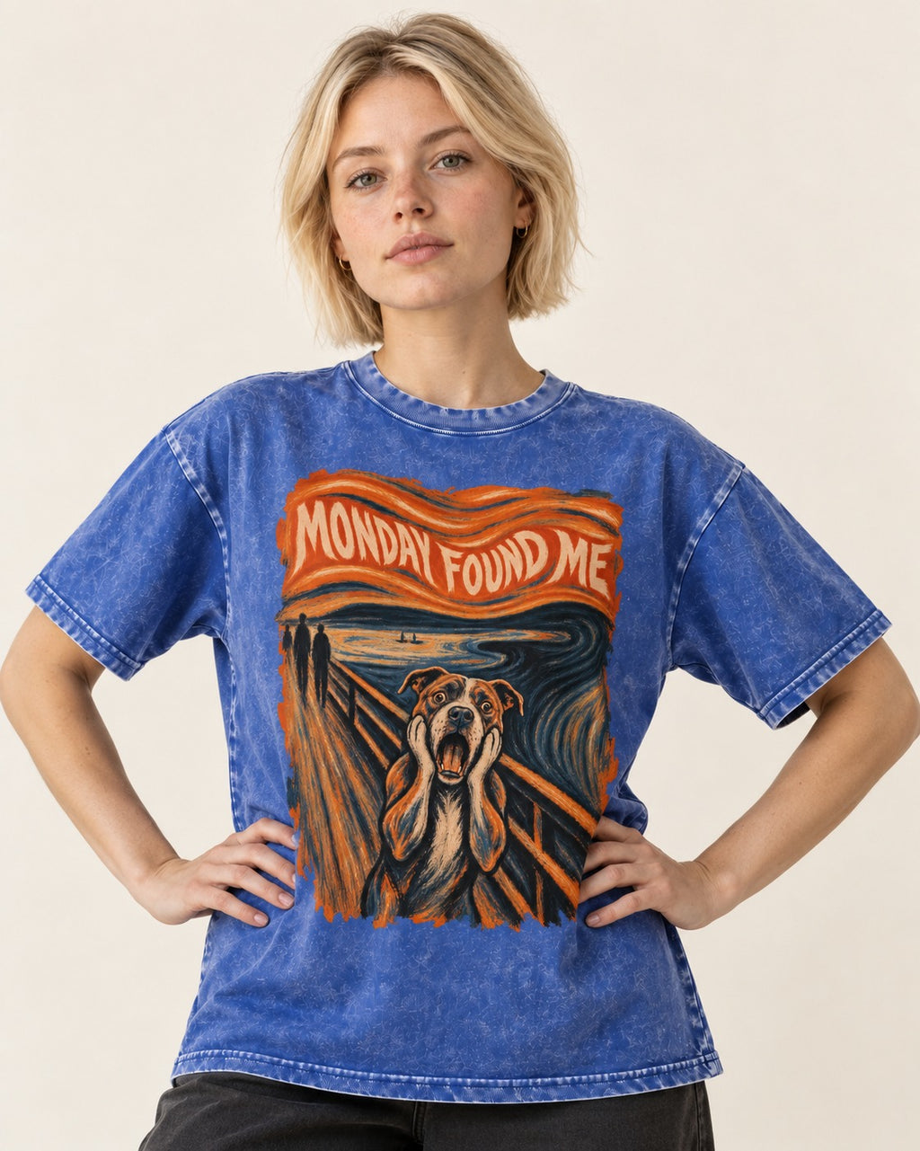 Pitbull Monday Found Me Expressionist Scream Graphic Washed Tee in Royal Blue, worn by a model