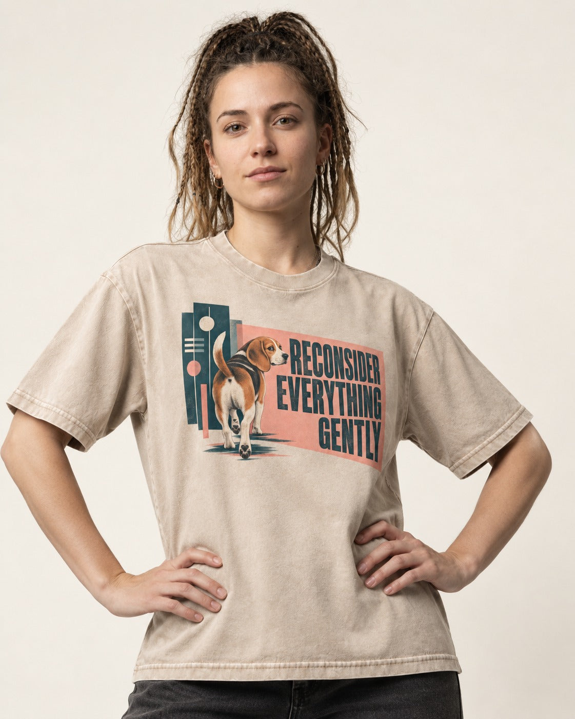 Beagle Reconsider Everything Gently Retro Graphic Washed Tee in Apricot, worn by a model