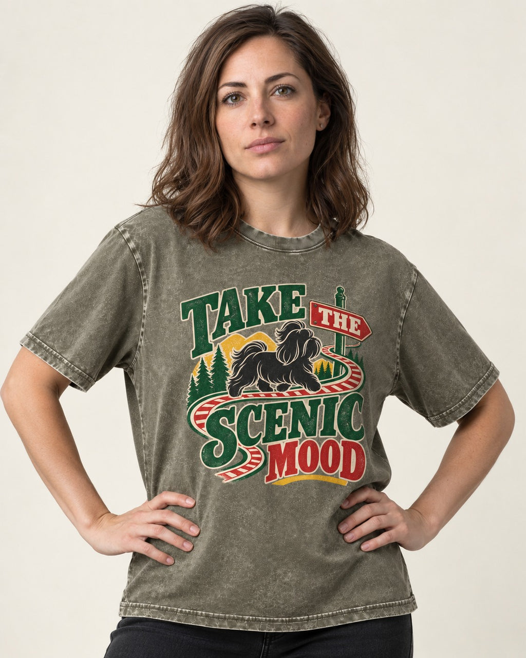 Shih Tzu Take the Scenic Mood Road Sign Graphic Washed Tee in Army Green, worn by a model