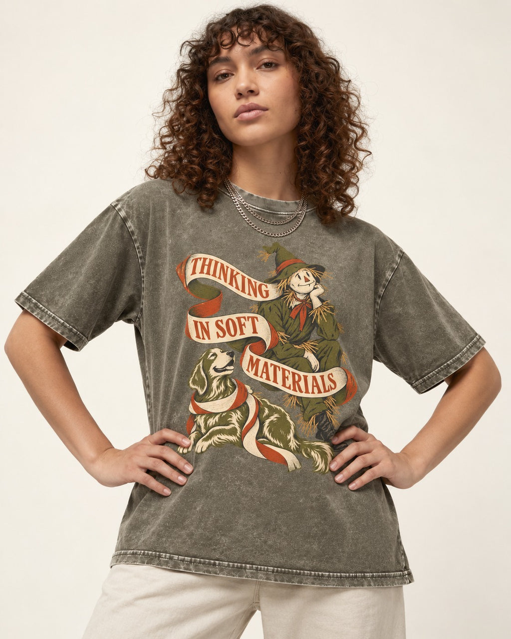 Golden Retriever Thinking in Soft Materials Scarecrow Graphic Washed Tee in Army Green, worn by a model
