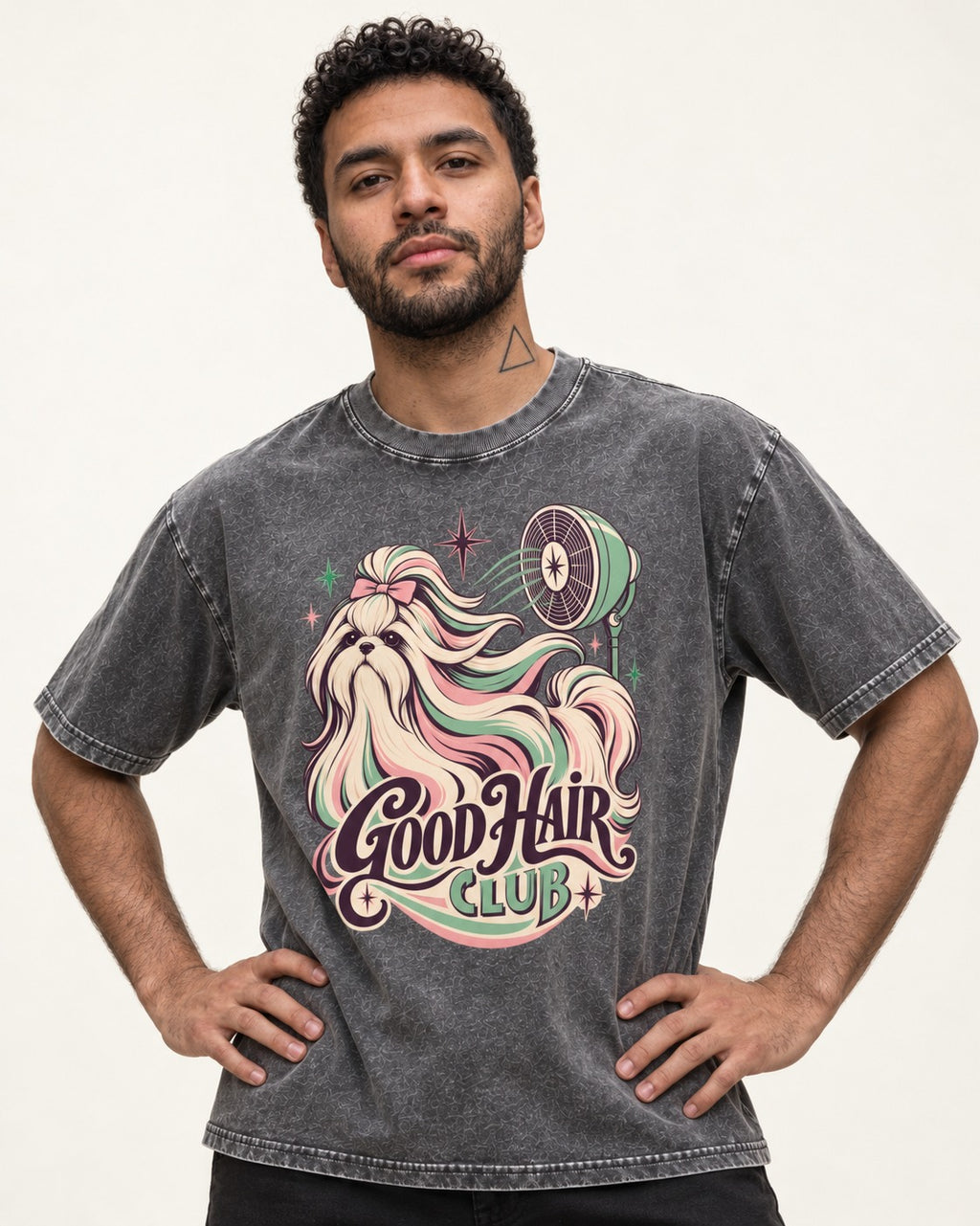 Shih Tzu Good Hair Club Salon Fan Graphic Washed Tee in Gray, worn by a model