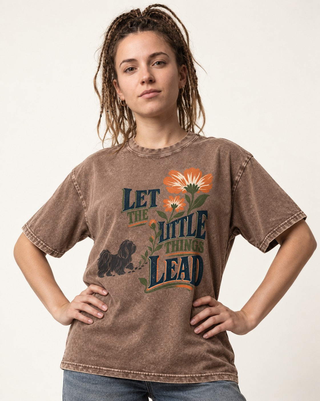 Let the Shih Tzu Lead Washed Tee in Coffee, worn by a model