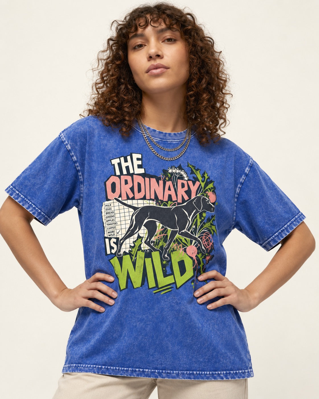 German Shorthaired Pointer The Ordinary Is Wild Grocery List Graphic Washed Tee in Royal Blue, worn by a model