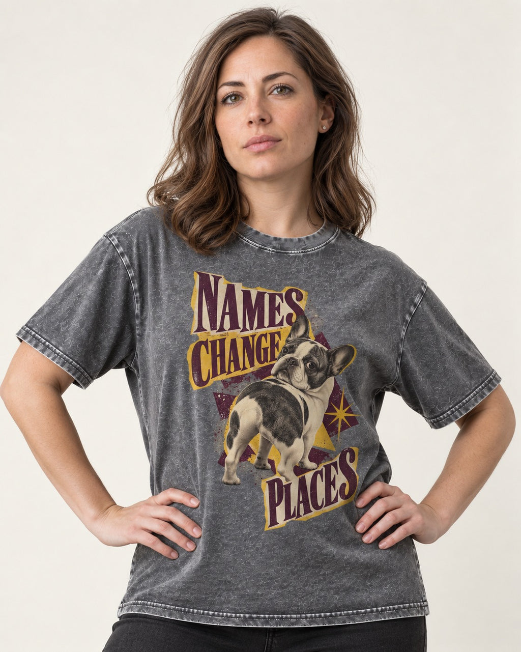 Frenchie Names Change Places Purple Poster Graphic Washed Tee in Gray, worn by a model
