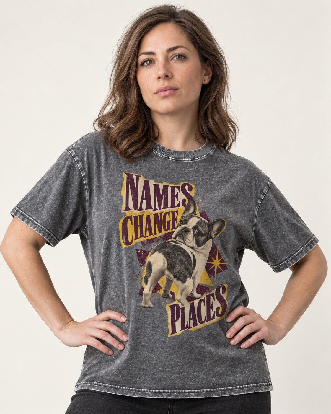 Frenchie Names Change Places Purple Poster Graphic Washed Tee in Gray, worn by a model