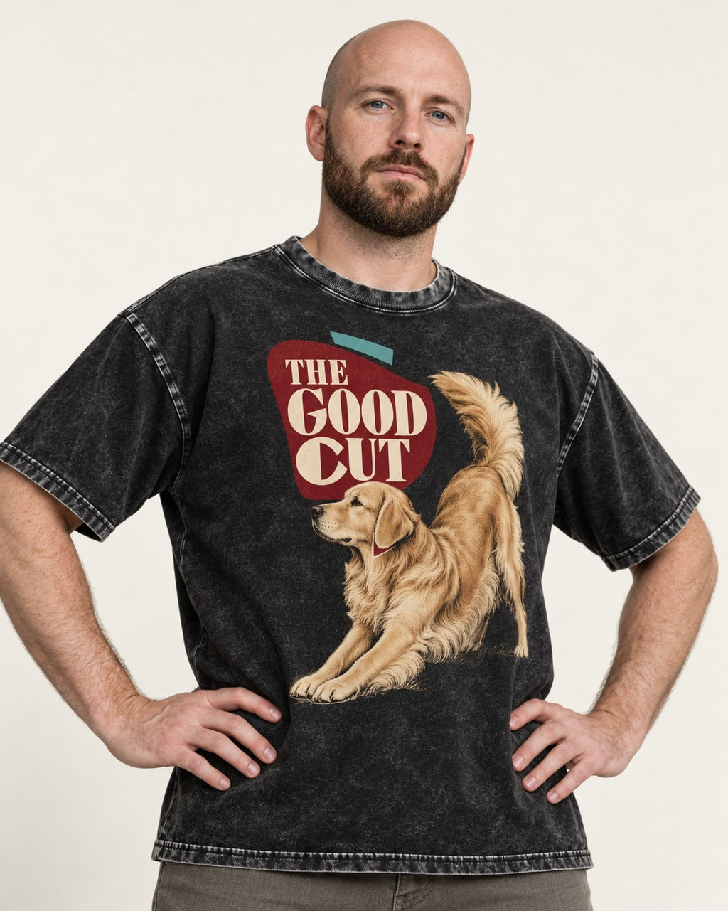 Golden Retriever The Good Cut Play Bow Graphic Washed Tee in Black, worn by a model