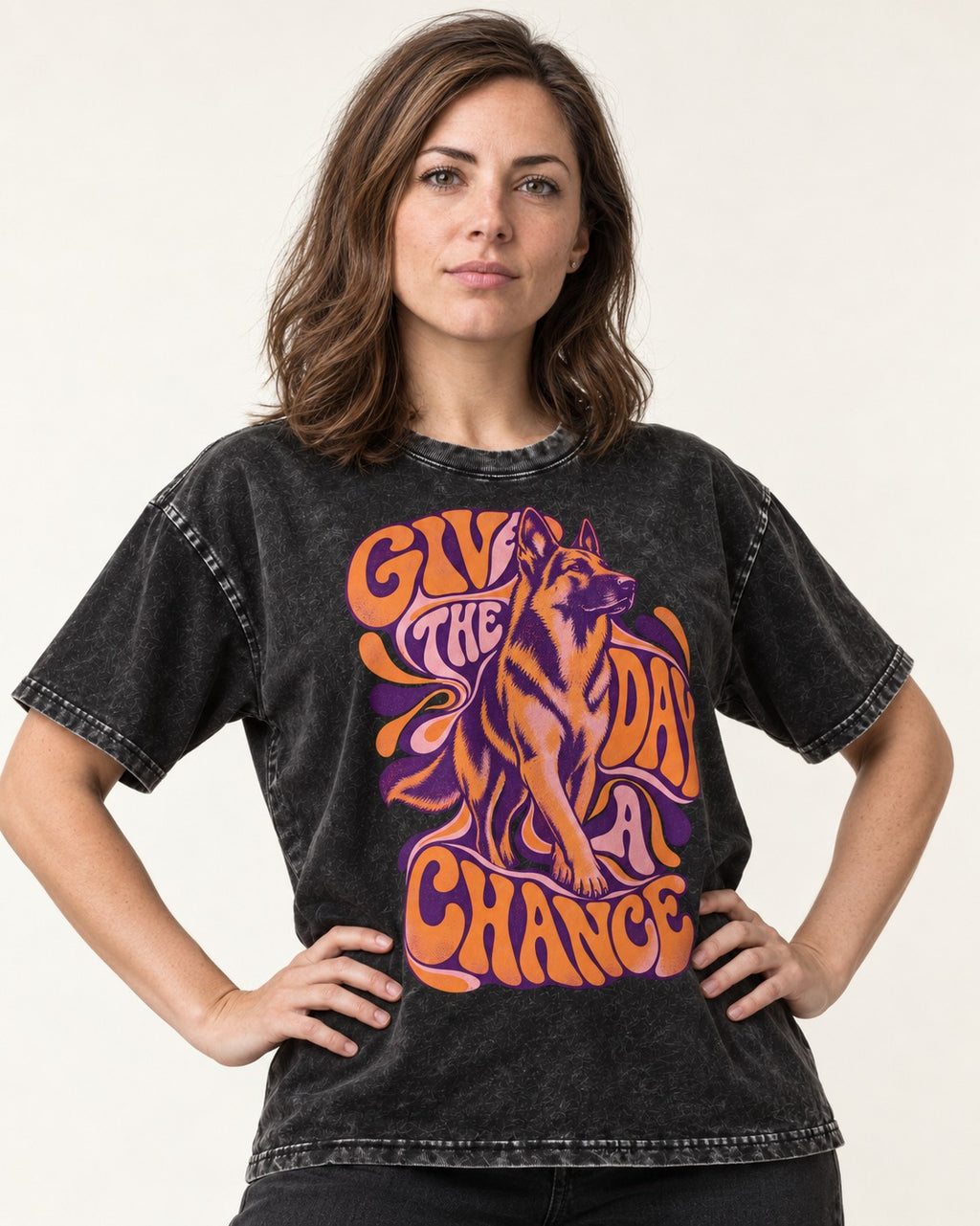 Give The Day A Chance Psychedelic German Shepherd Dog Graphic Washed Tee in Black, worn by a model