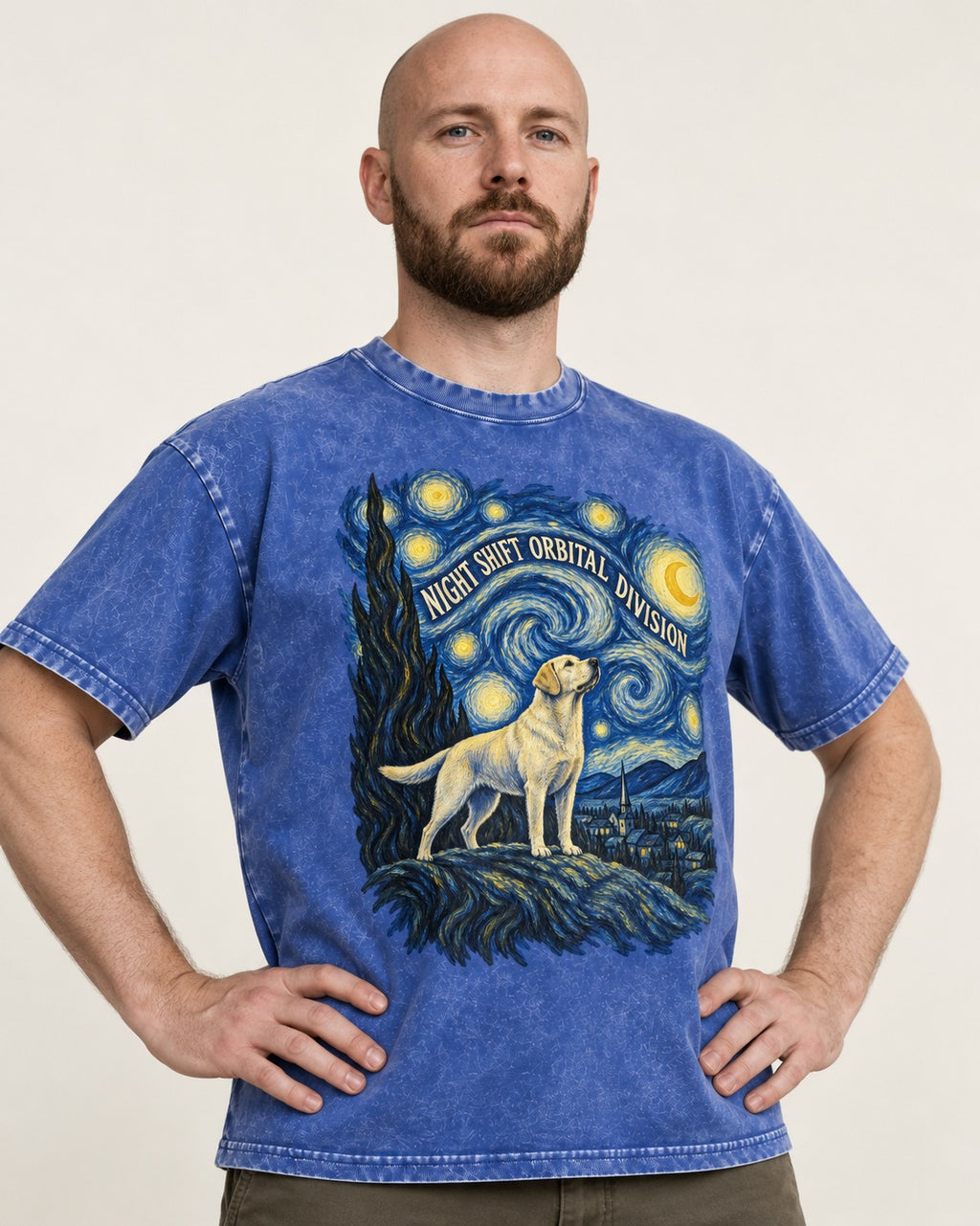 Labrador Retriever Night Shift Orbital Division Starry Night Graphic Washed Tee in Royal Blue, worn by a model