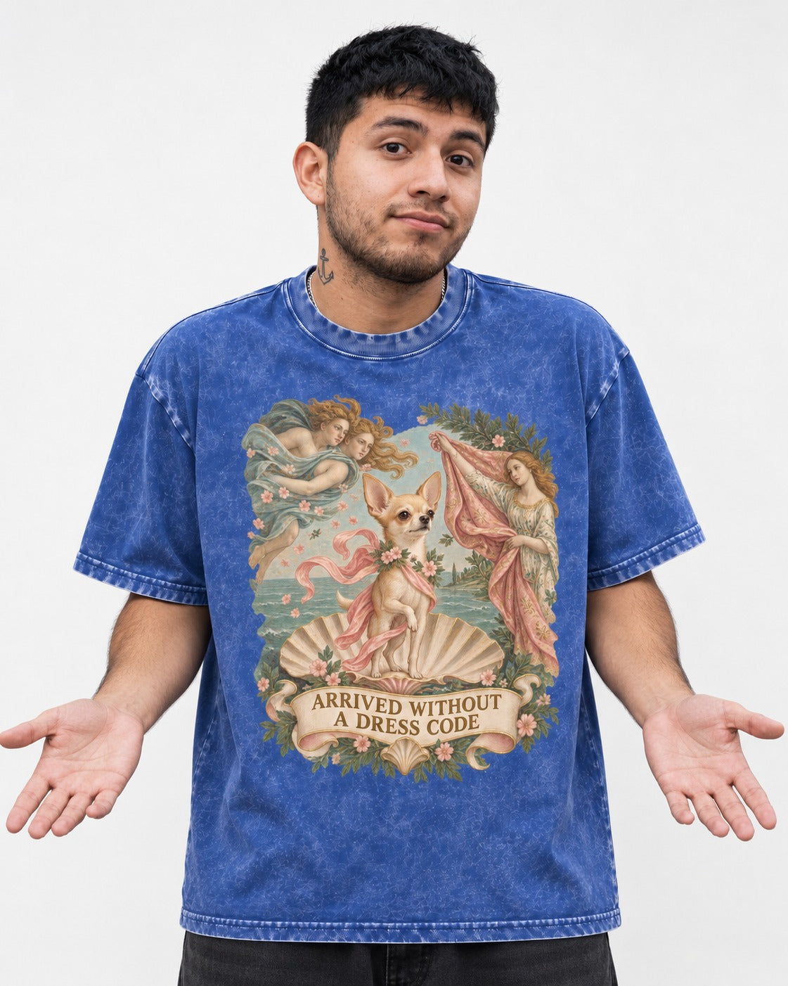 Chihuahua Arrived Without a Dress Code Classical Shell Scene Washed Tee in Royal Blue, worn by a model