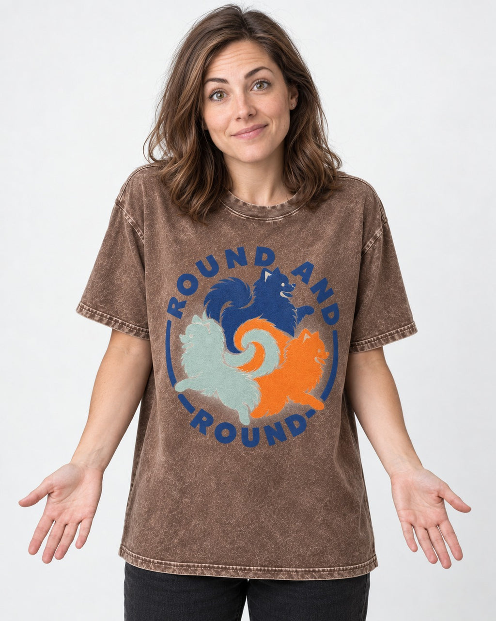 Pomeranian Round and Round Washed Tee in Coffee, worn by a model