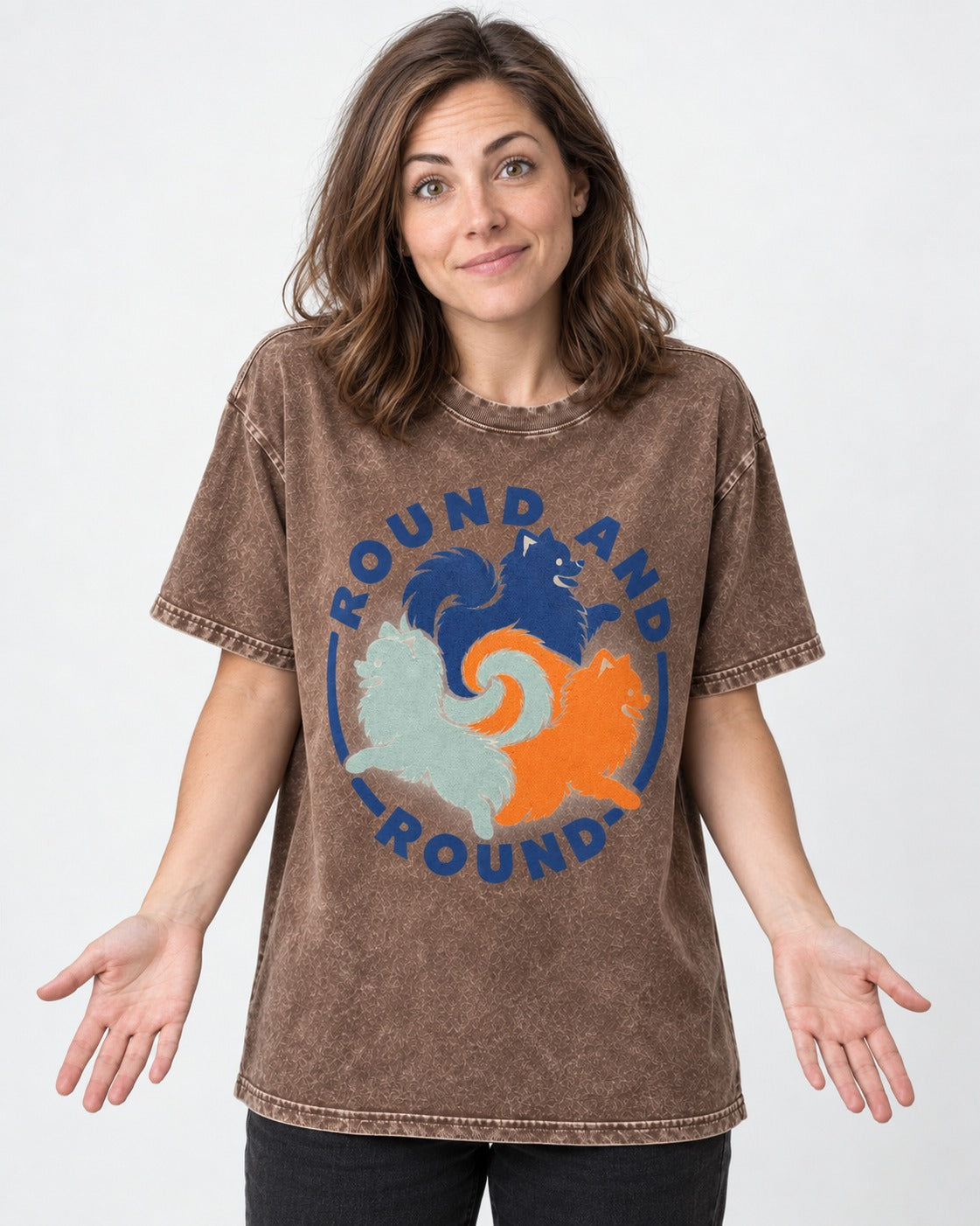 Pomeranian Round and Round Washed Tee in Coffee, worn by a model
