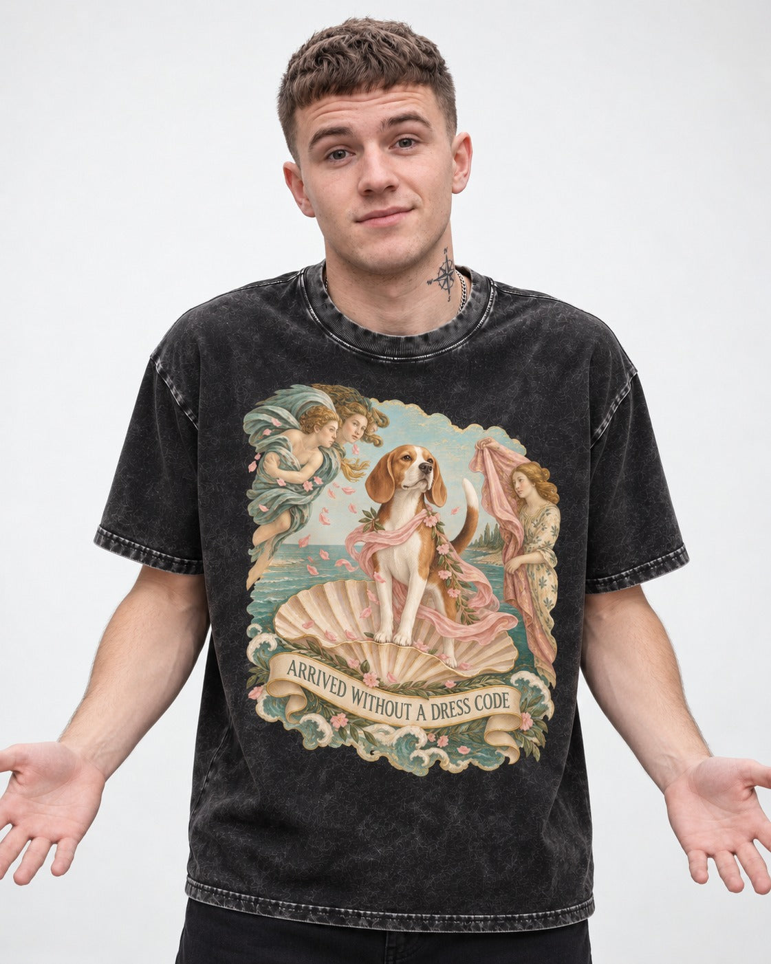 Beagle Arrived Without A Dress Code Washed Tee in Black, worn by a model