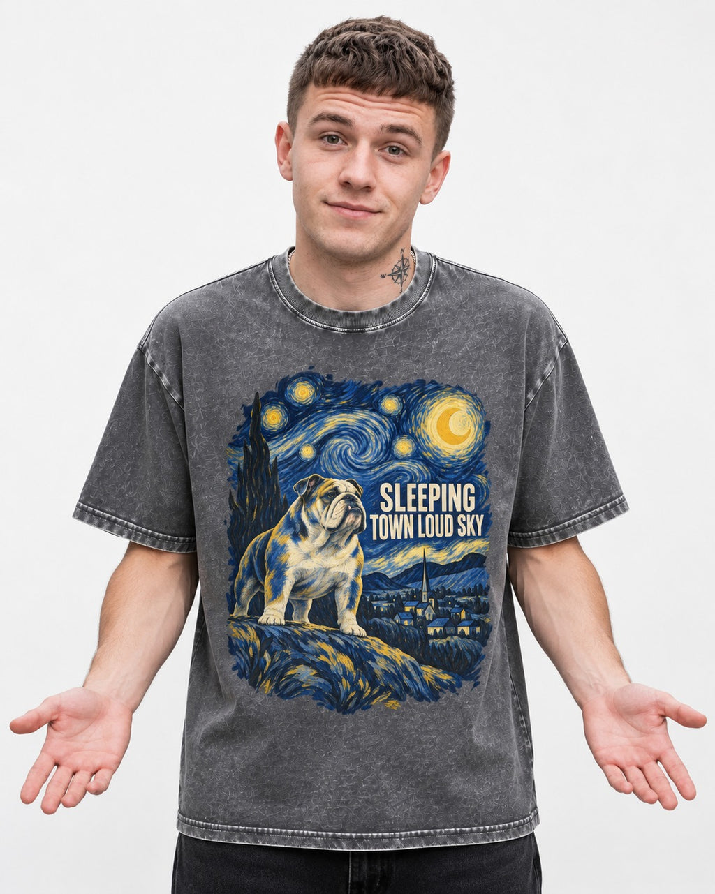 English Bulldog Sleeping Town Loud Sky Starry Night Graphic Washed Tee in Gray, worn by a model