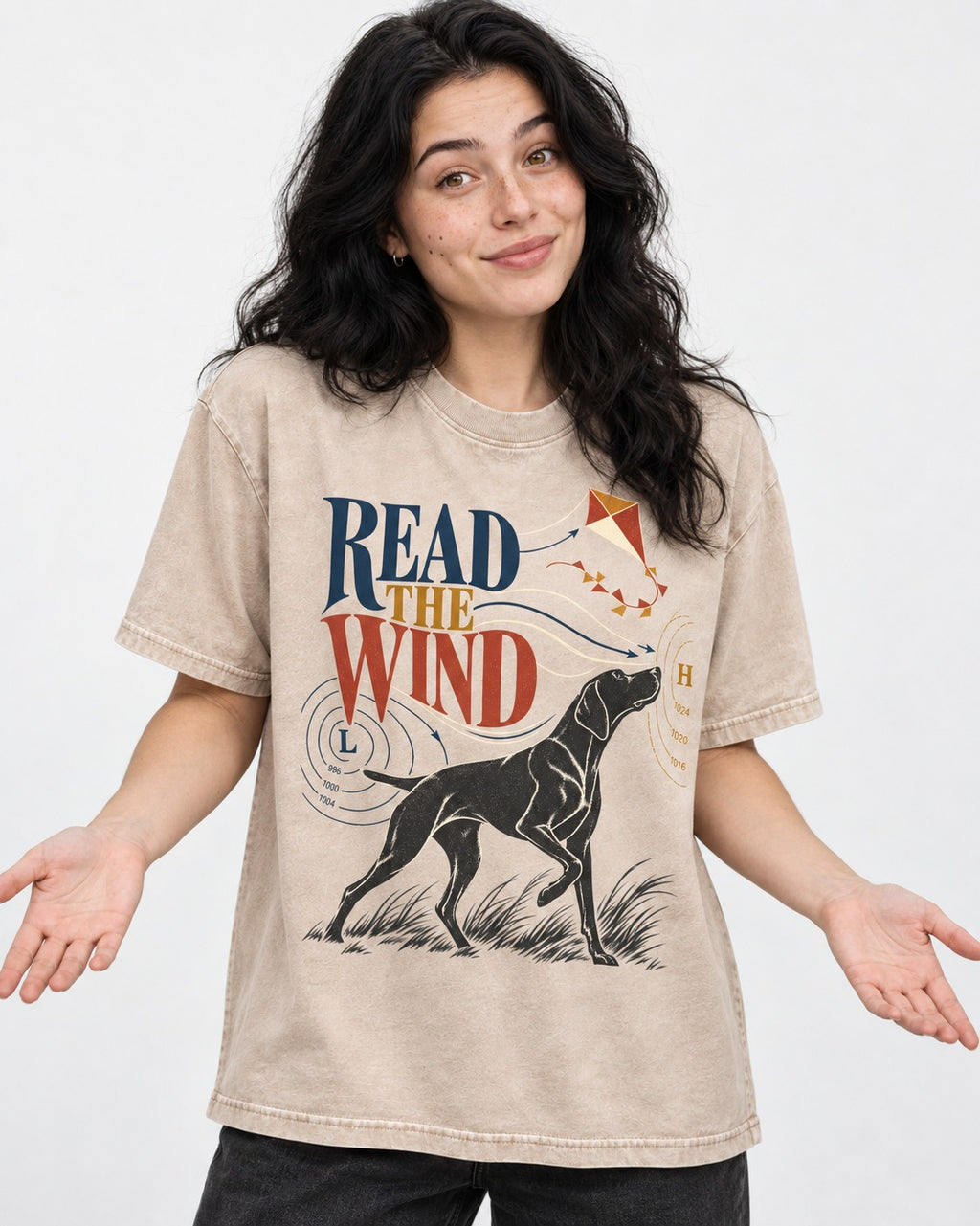 Read the Wind German Shorthaired Pointer Washed Tee in Apricot, worn by a model