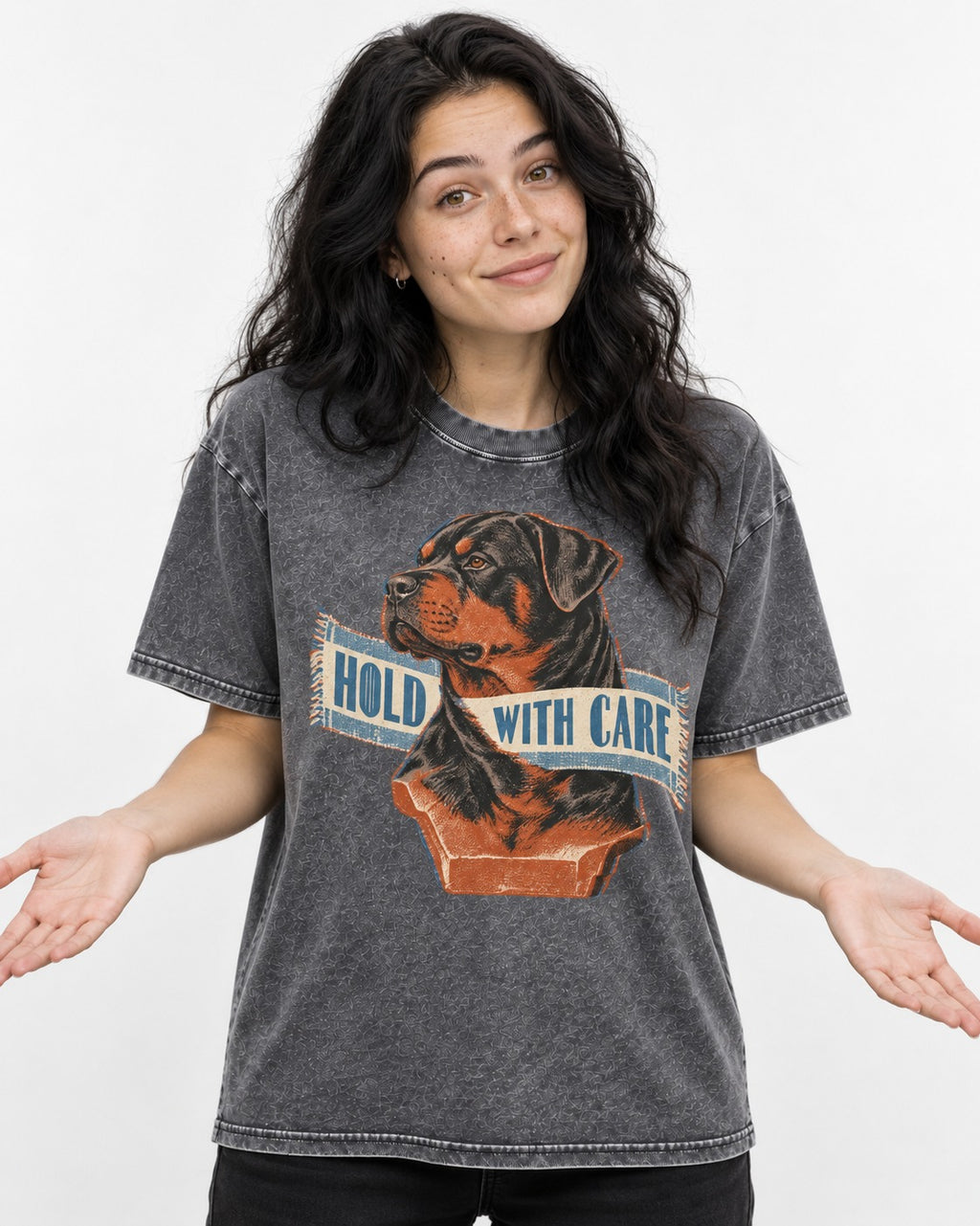 Rottweiler Hold with Care Washed Tee in Gray, worn by a model