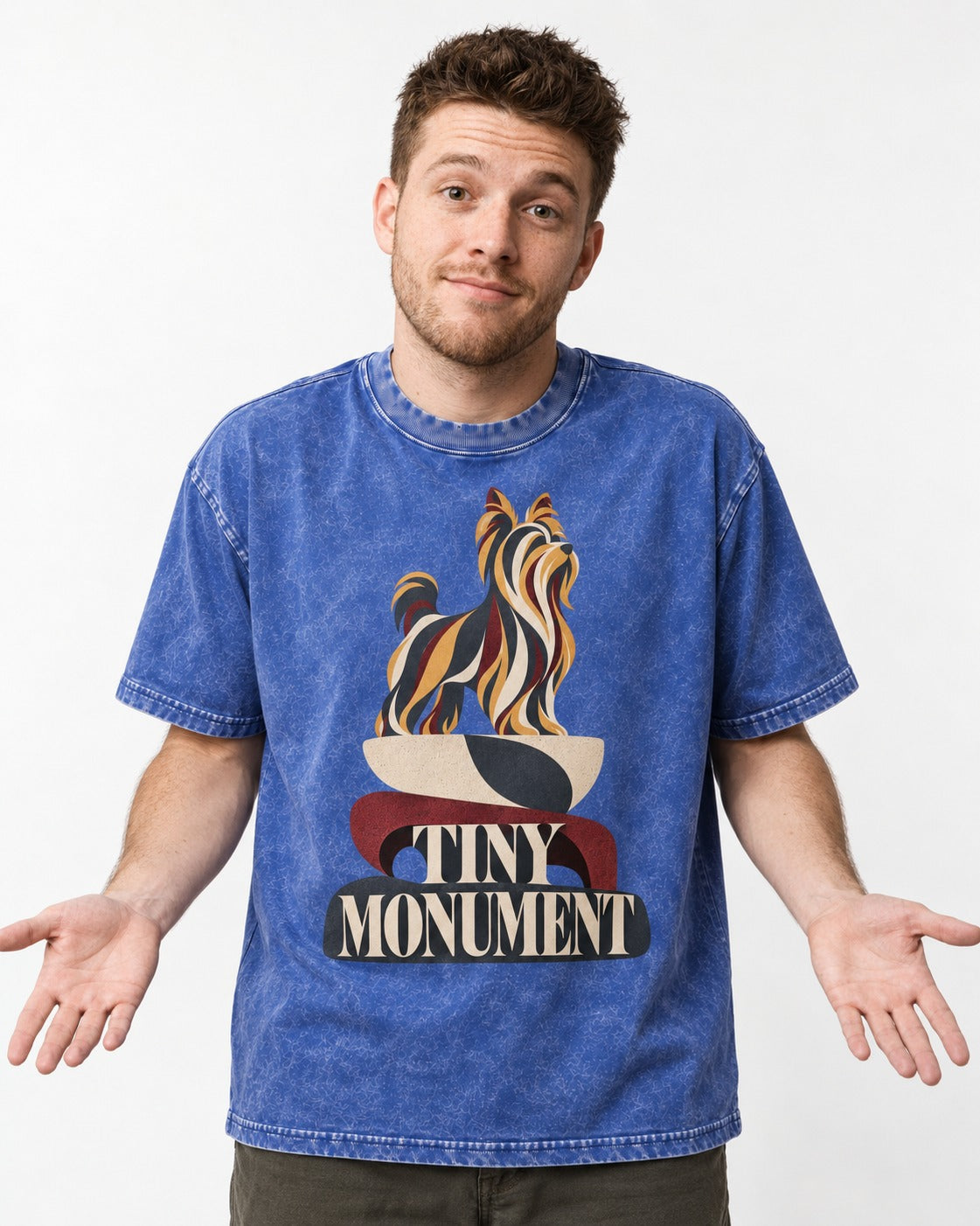 Yorkshire Terrier Tiny Monument Sculptural Plinth Graphic Washed Tee in Royal Blue, worn by a model