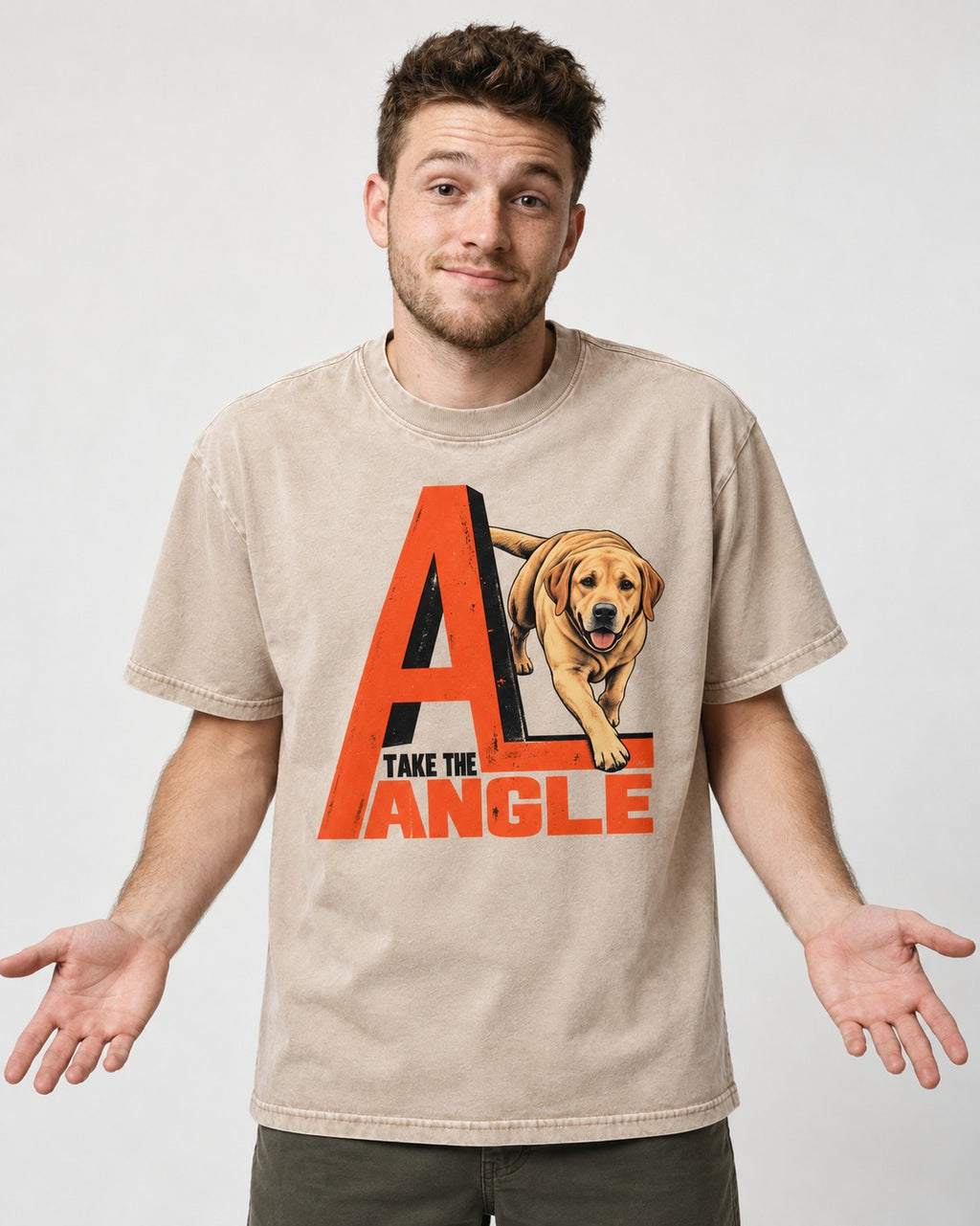 Take the Angle Labrador Retriever Washed Tee in Apricot, worn by a model