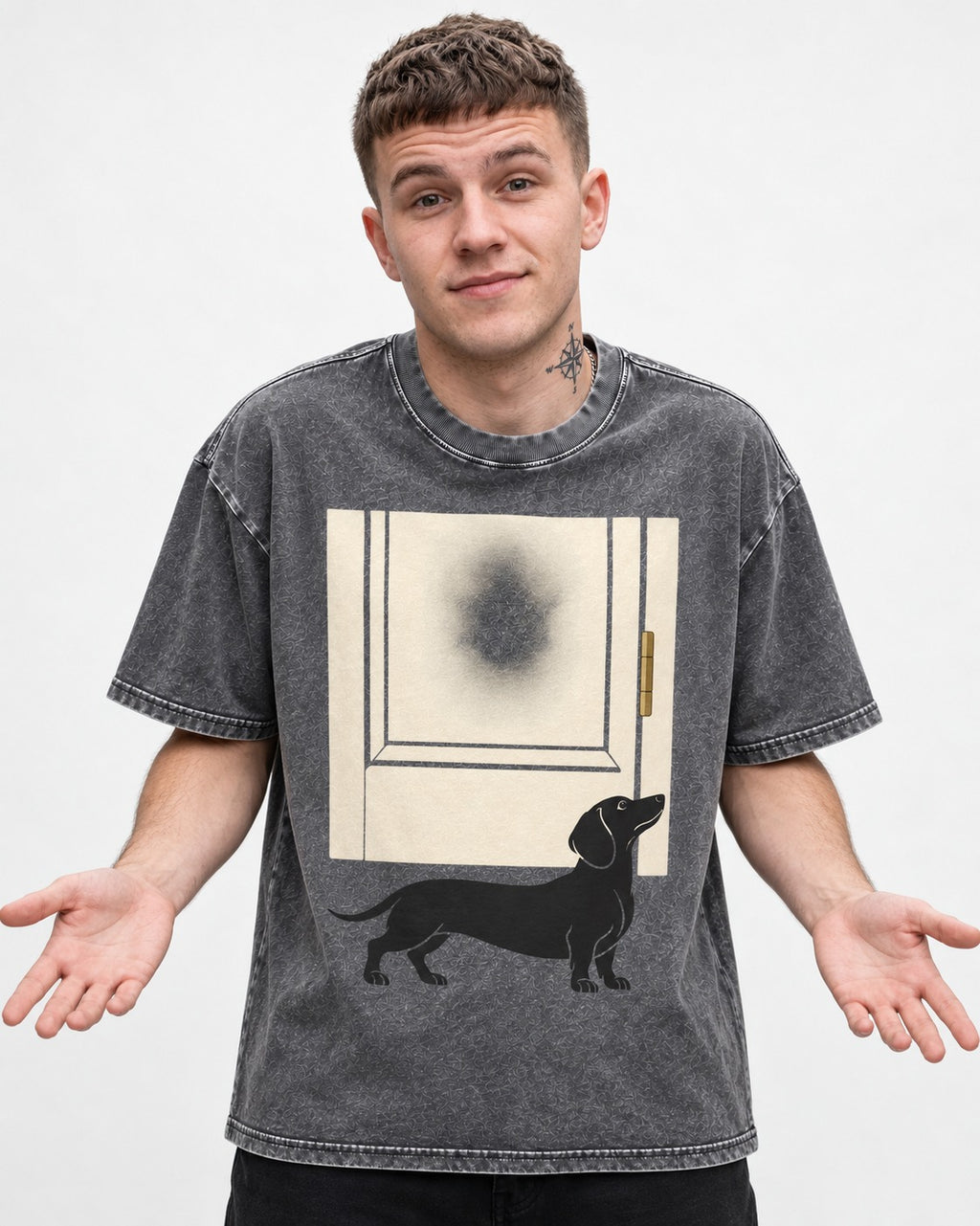 Dachshund Frosted Door Sentinel Graphic Washed Tee in Gray, worn by a model