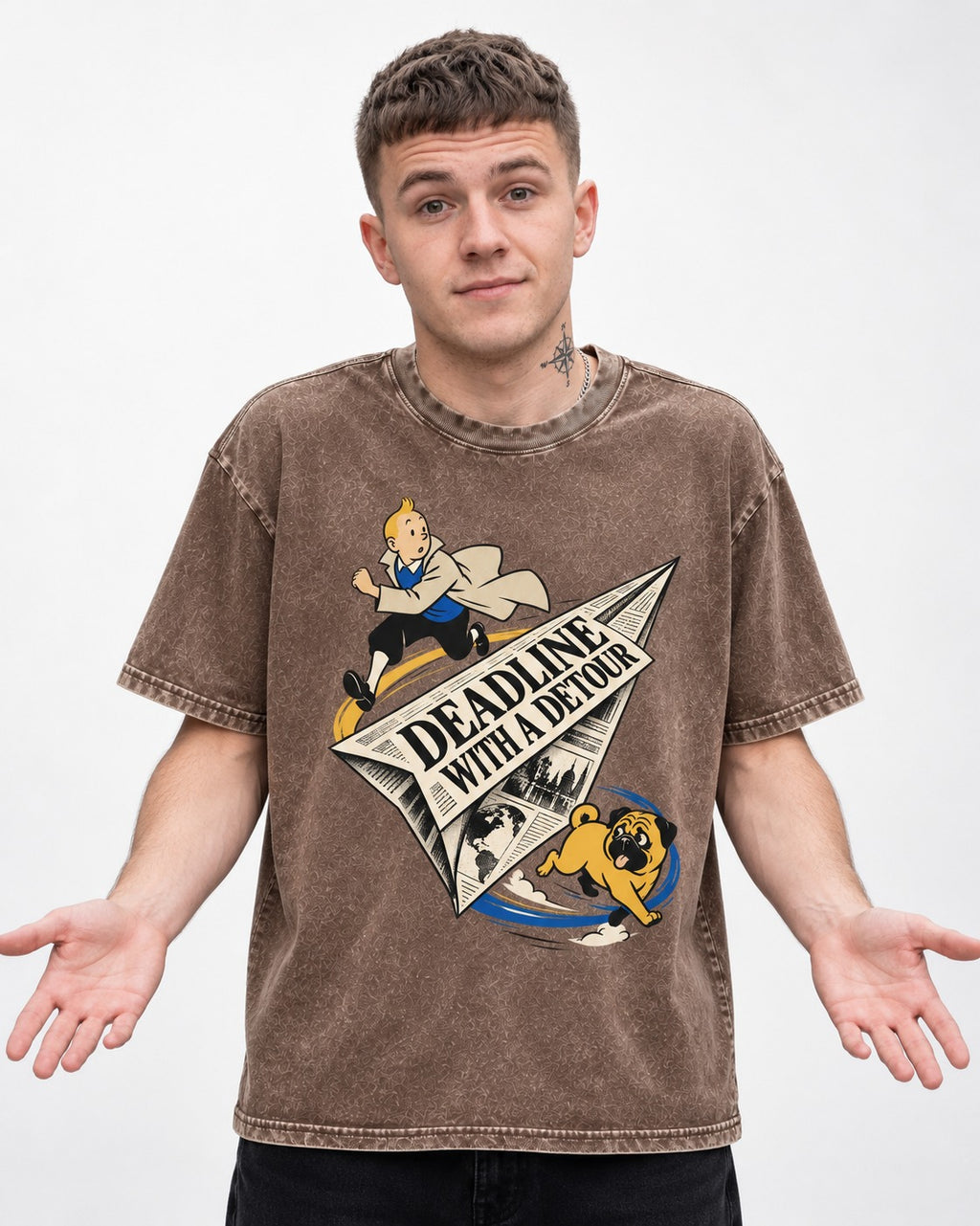 Deadline with a Pug Detour Washed Tee in Coffee, worn by a model