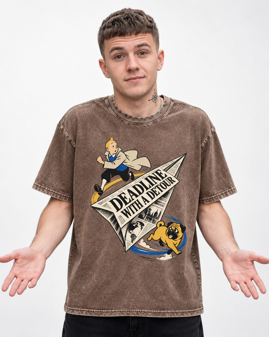 Deadline with a Pug Detour Washed Tee in Coffee, worn by a model