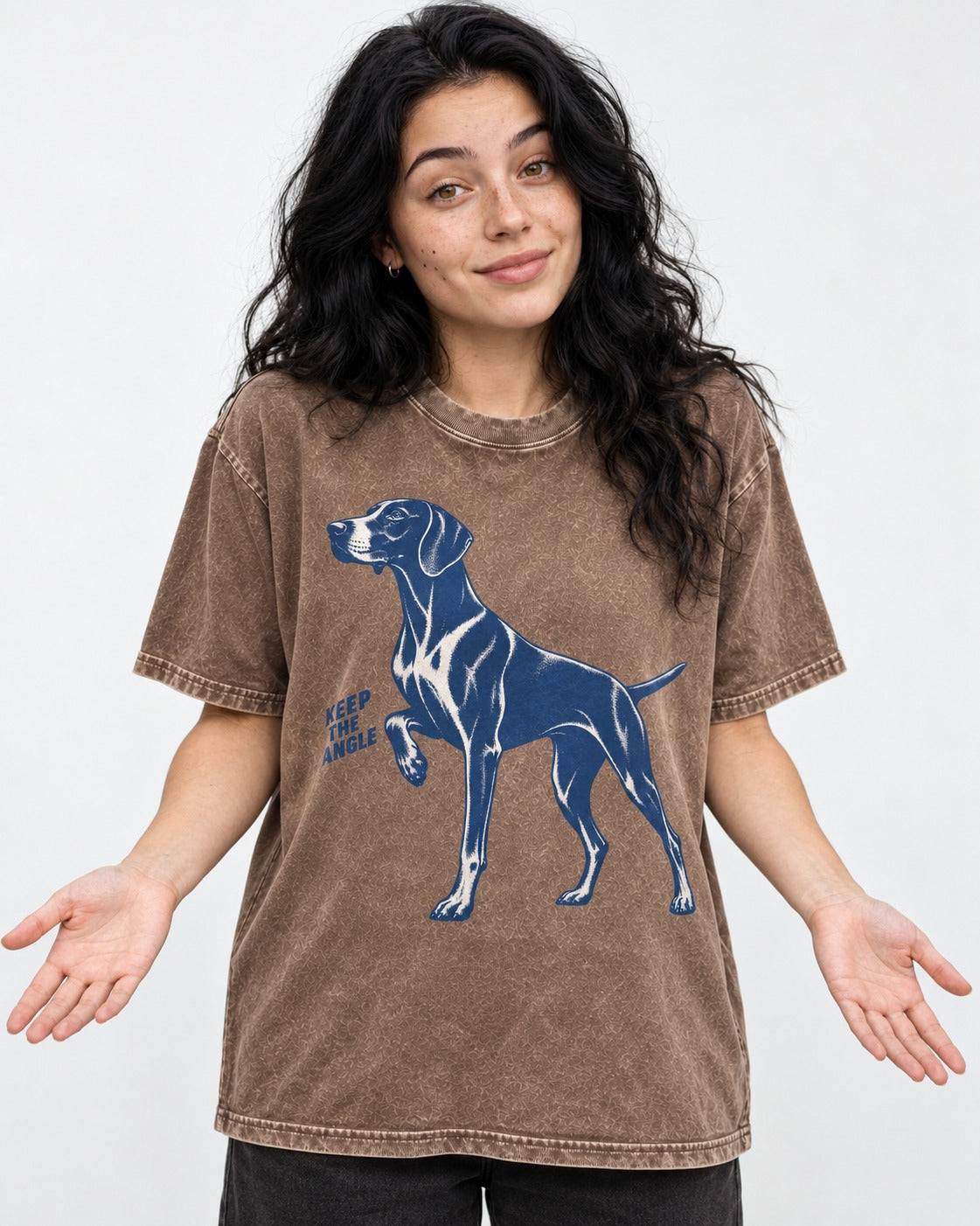 Keep the Angle German Shorthaired Pointer Washed Tee in Coffee, worn by a model